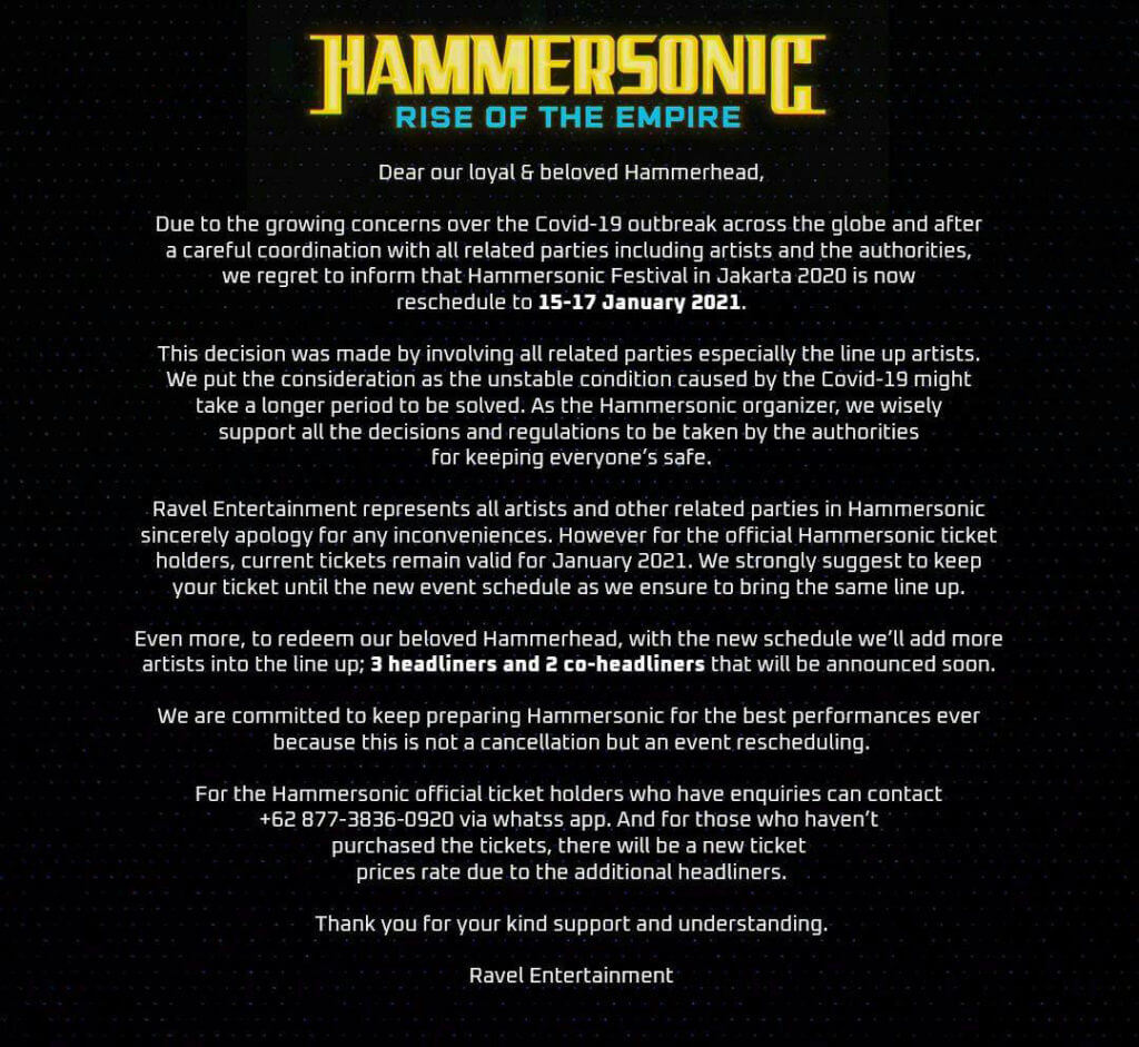 Pernyataan resmi pihak Hammersonic 2020 terkait pembatalan festival hingga tahun depan